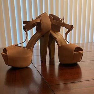 Breckelles Tan Platform Peep-Toe Ankle Strap Heels
